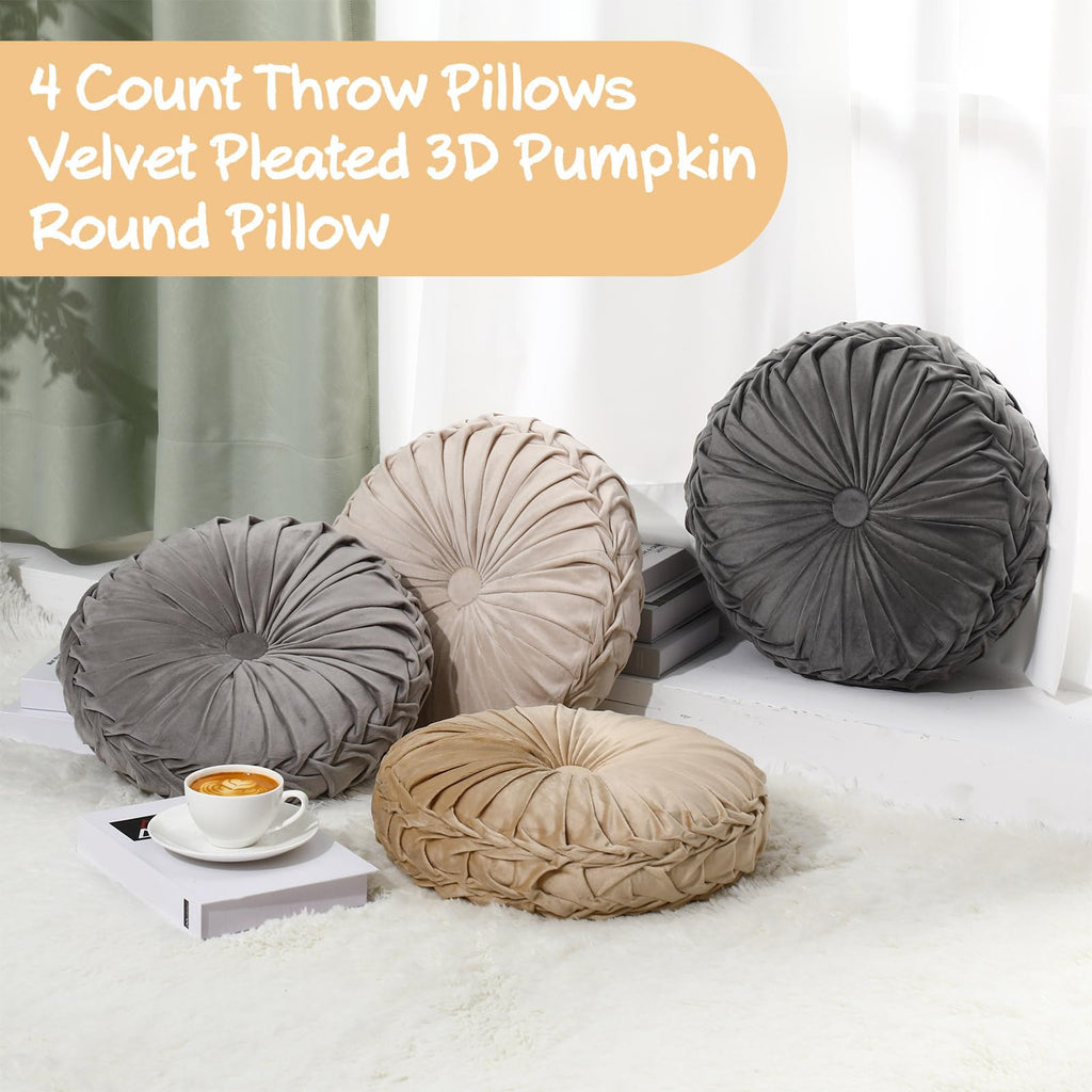 Kathfly 4 Pcs Decorative Round Pleated Throw Pillows, Classy Velvet Pumpkin Round Throw Pillows, Decorative Floor Pillow for Bed Chair Home Sofa Decor, 14" Diameter (Beige,Khaki,Gray,Dark Gray)