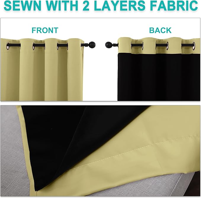 NICETOWN 100% Blackout Blinds, Set of 2, 52 inches x 120 inches, Laundry Room Decor Window Treatment Curtains for Large Patio Sliding Door, Thermal Insulated Paler Yellow Curtains for Bedroom