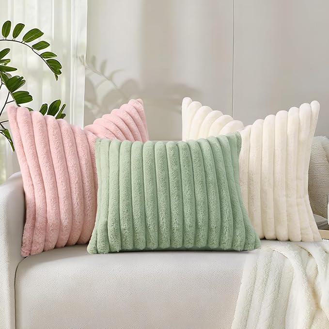 decorUhome Fall Faux Fur Throw Pillow Covers 12x20 Set of 2 Sage Green