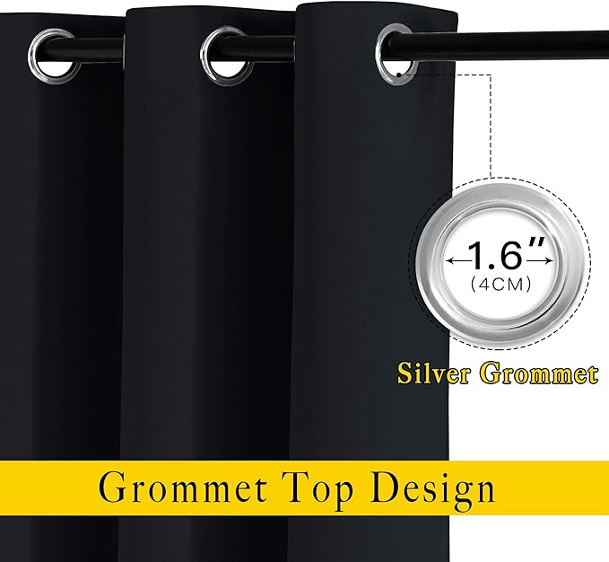 NICETOWN Black Curtains for Boys Room - Blackout Thermal Insulated Window Treatment Solid Grommet Room Darkening for Bedroom/Night Shift (Set of 2, W46 x L63)