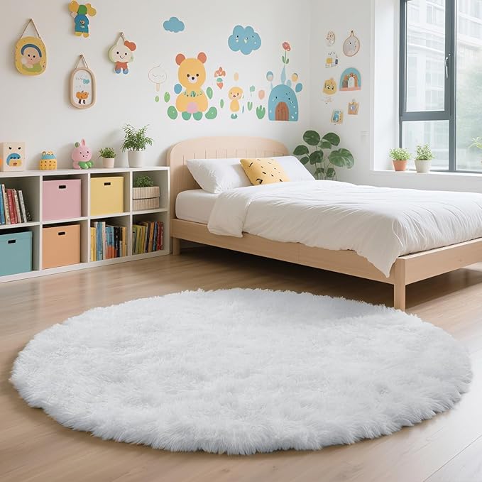 yulidayang White Fluffy Round Area Rugs for Bedroom,4'X4'Shag Circle Area Rugs for Girls Room,Non Slip Fuzzy Plush Rug for Kids Room Living Room and Dorm Home Decor Rug