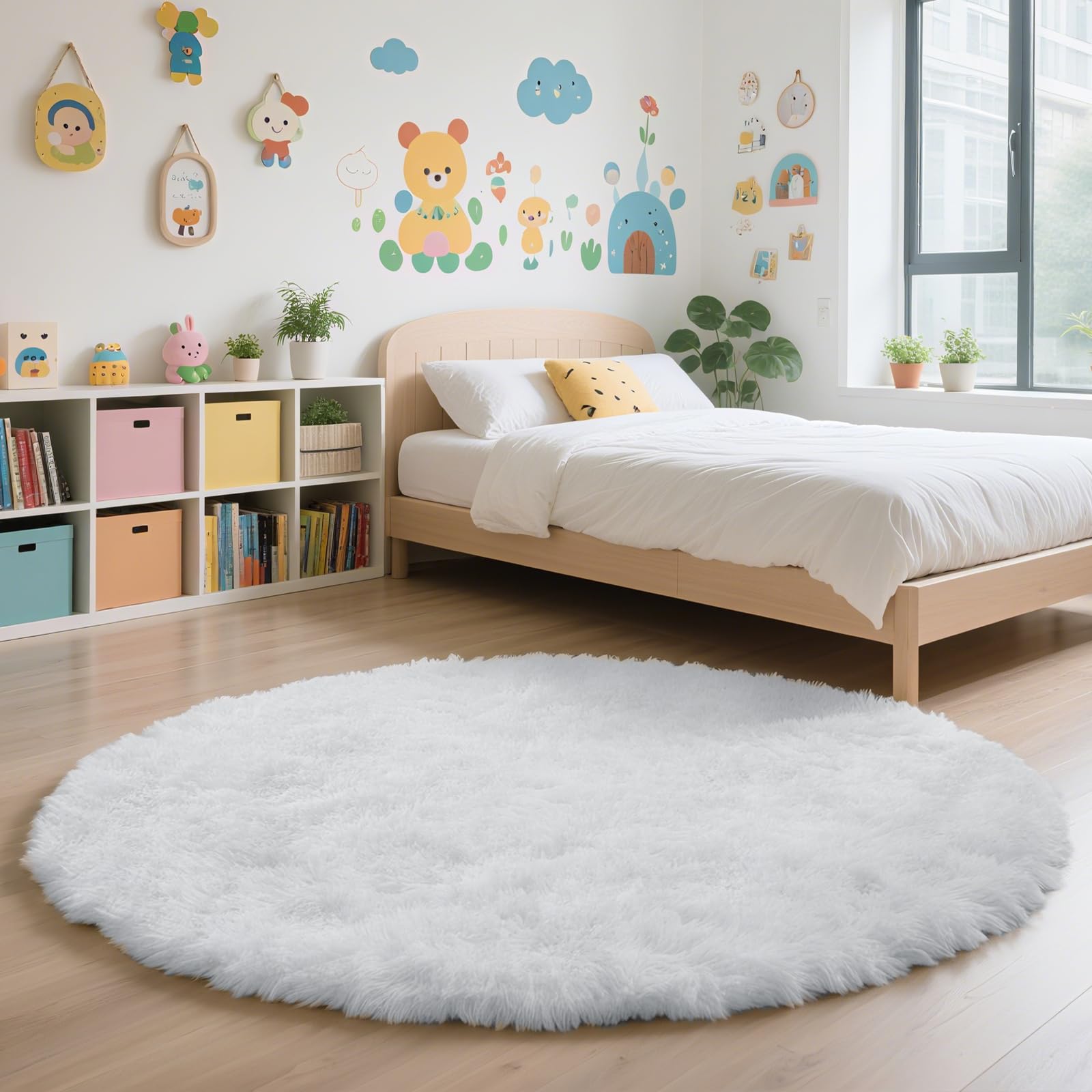 White Fluffy Round Area Rugs for Bedroom,4'X4'Shag Circle Small Area Rugs