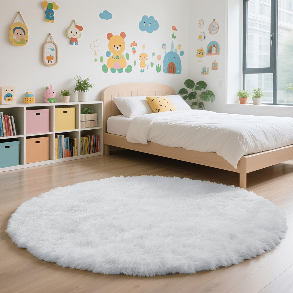 White Fluffy Round Area Rugs for Bedroom,4'X4'Shag Circle Small Area Rugs