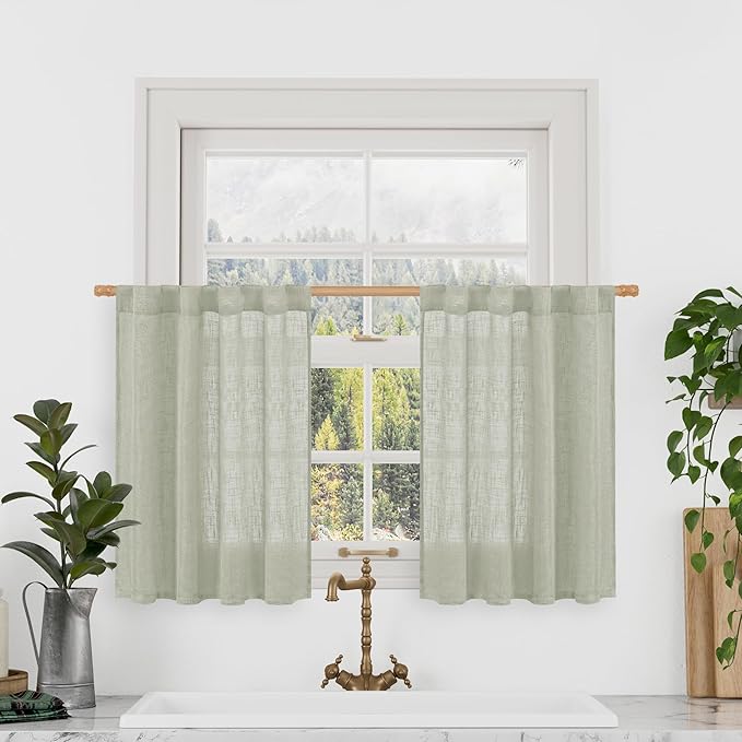 LAMIT Semi Sheer Linen Curtains 36 Inch Length 2 Panels, Light Filtering Panels Back Tab and Rod Pocket Neutral Drapes for Bathroom/Kitchen/Loft Room, Sage Grey, 34 x 36 Inch