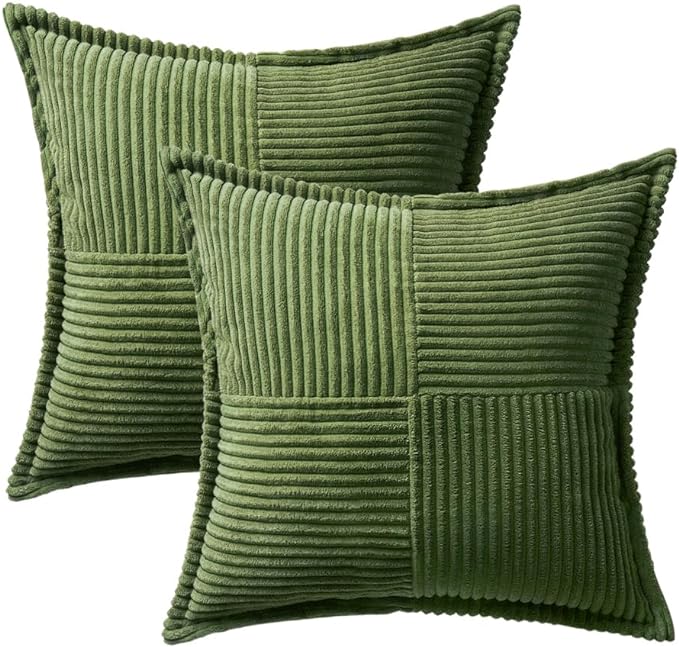MIULEE Spring Decorative Throw Pillow Covers for Couch Bed Livingroom 18x18 Inch Set of 2 Moss Green Boho Accent Throw Pllows Broadside Striped Patchwork Soft Corduroy Summer Pillowcases