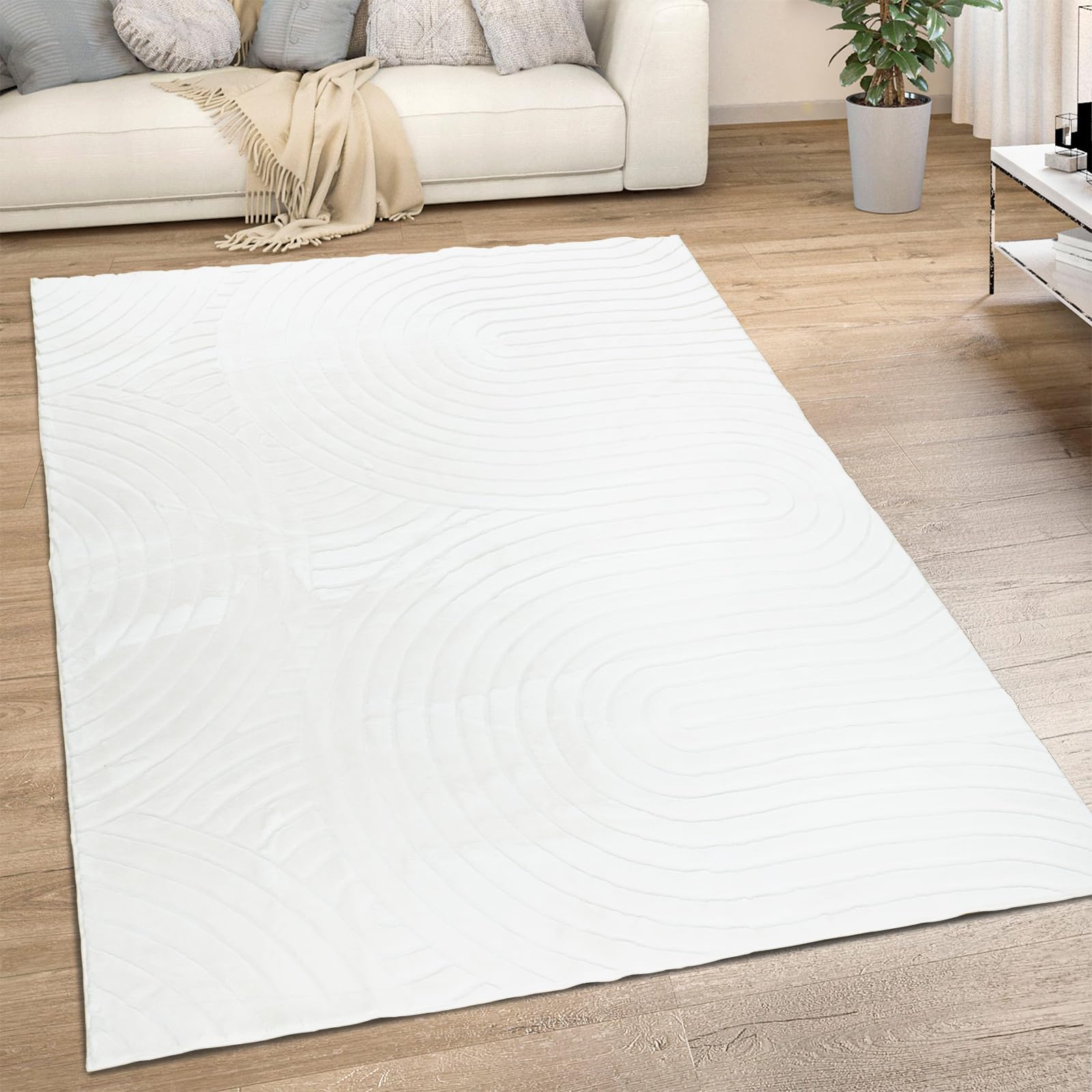 phonzenuo Cream Faux Rabbit 5x7 Fur Rug Faux Sheepskin Rug for Bedroom