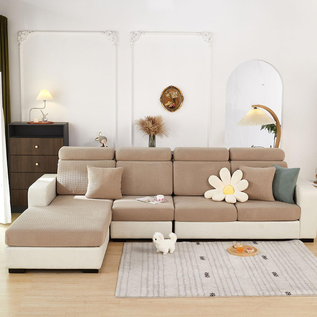 Disayu Sofa Covers Couch Covers for Sofa Pet Friendly Couch Cushion Covers Universal Sofa Covers Washable Stretch Slipcovers for Sectional Sofa (Texture Light Coffee, 2 Seats + Chaise Cover)