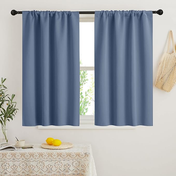 RYB HOME Short Blackout Curtains for Bedroom, Room Darkening Insulated Summer Heat Light UV Blocking Energy Saving Drapes for Nursery, Width 34 by Length 45, Stone Blue, Set of 2