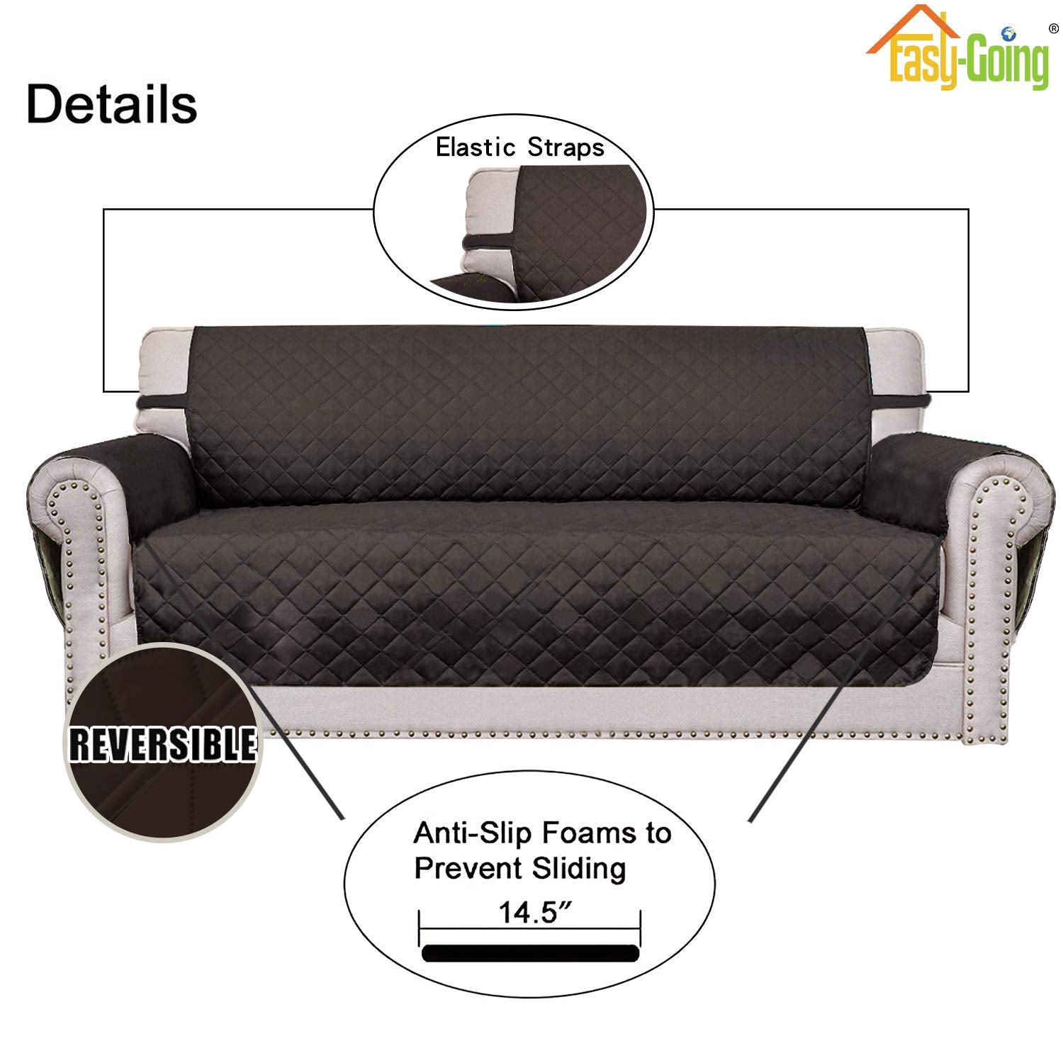 Easy-Going Reversible Oversized Couch Cover for 3 Cushion Couch Sofa Cover for Dogs Water Resistant Furniture Protector Cover with Foam Sticks for Pet (Oversized Sofa, Chocolate/Chocolate)