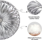 HIG Set of 2 Silver Metallic Leather Decorative Round Pleated Throw Pillows