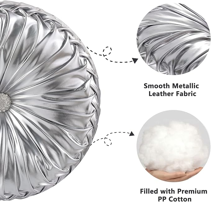 HIG Set of 2 Silver Metallic Leather Decorative Round Pleated Throw Pillows