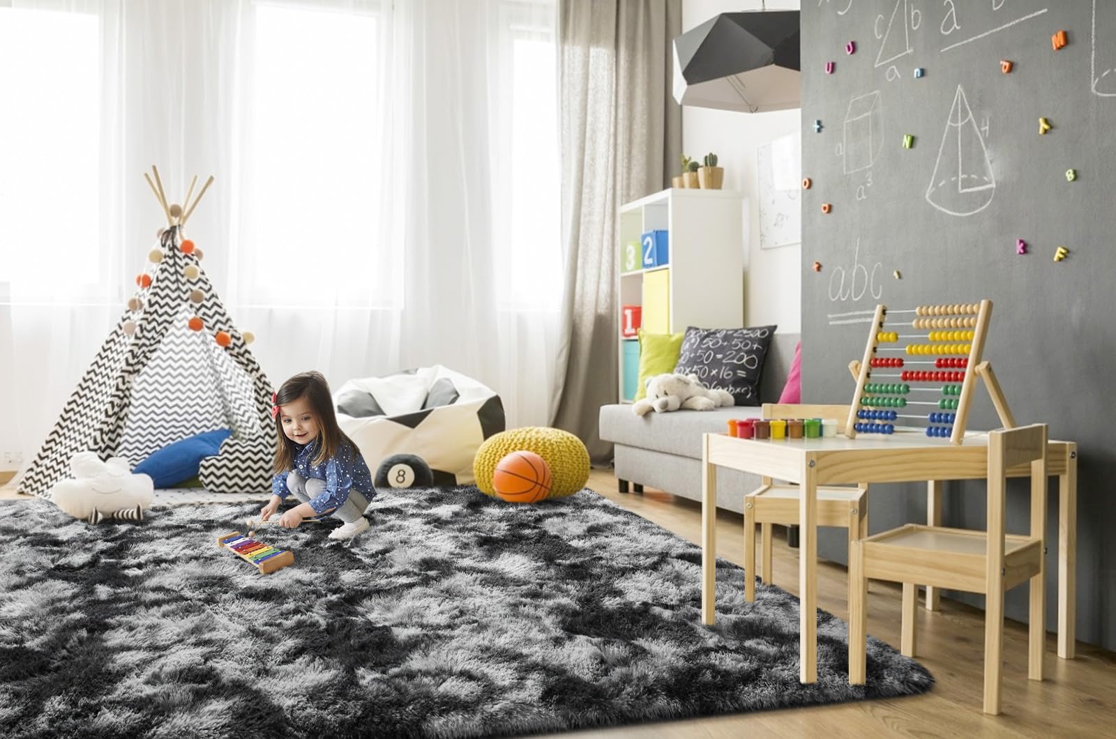 TWINNIS Super Soft Shaggy Rugs Fluffy Carpets 8x10 Feet, Indoor Modern Plush Area Rugs for Living Room Bedroom Kids Room Nursery Home Decor, Upgrade Anti-Skid Fuzzy Rug, Black and Grey