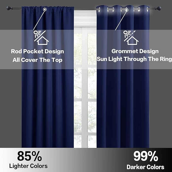 RYB HOME Short Blackout Curtains for Bedroom, Room Darkening Insulated Summer Heat Light UV Blocking Energy Saving Drapes for Nursery, Width 34 by Length 48, Marine Blue, Set of 2