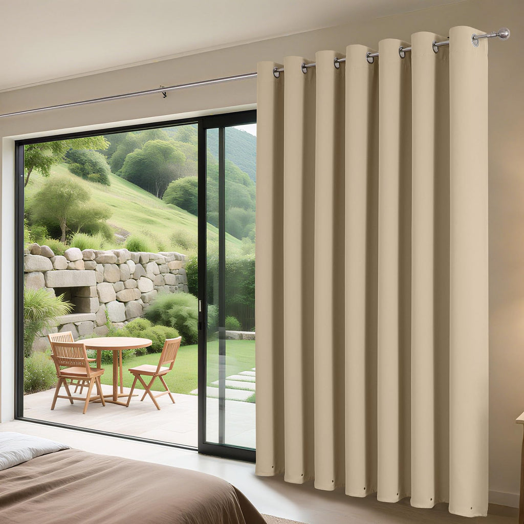 Joydeco Blackout Patio Sliding Door Curtains 84 Inches Long, Grommet Privacy Room Divider Curtains, Extra Wide Thermal Blackout Drapes for Bedroom Living Room (Light Beige, 60Wx84L, 1 Panel)