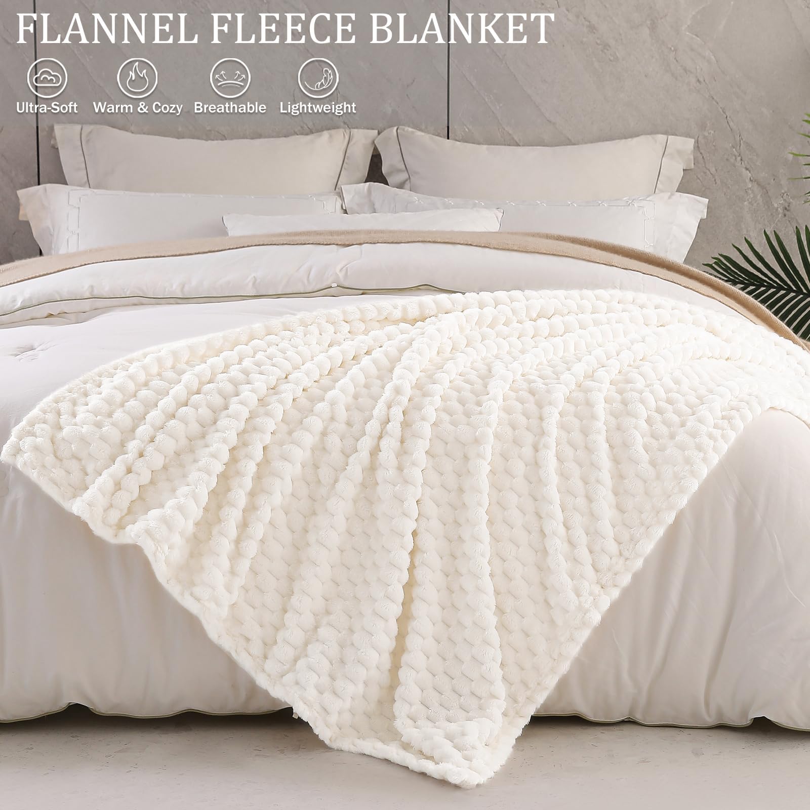 Exclusivo Mezcla Large 3D Fleece Throw Blanket for Couch, Ivory