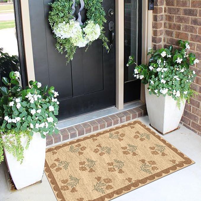 Othilic Front Door Mat Outside Entrance - 2x3 Floral Non-Slip Washable Doormat Indoor Outdoor Mat Jute-Look Farmhouse Tan Scalloped Entry Rug Small Throw Rugs for Entryway Kitchen Front Porch Decor