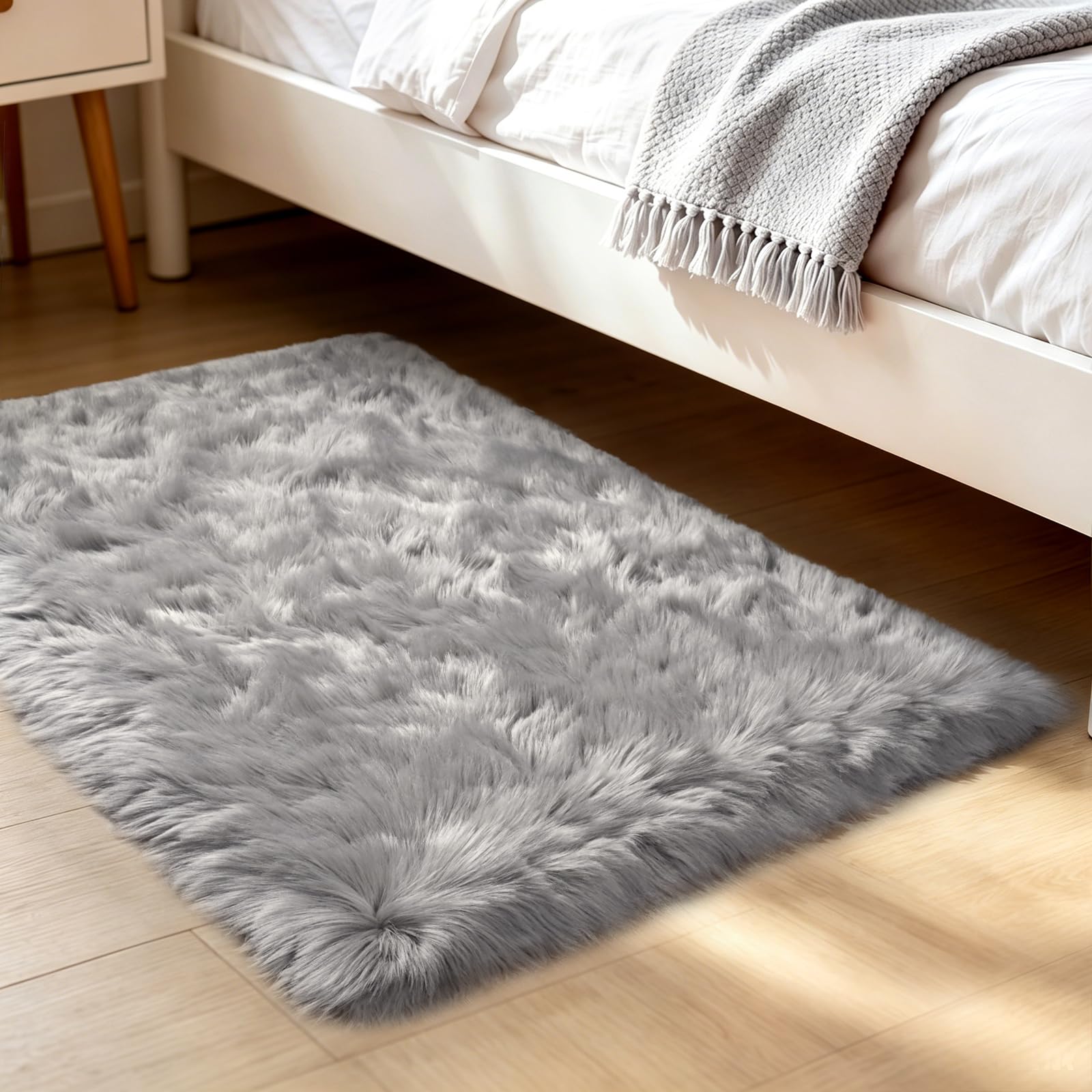LOCHAS Soft Fluffy Faux Fur Rugs for Bedroom Bedside Rug 2x4 Feet, Grey