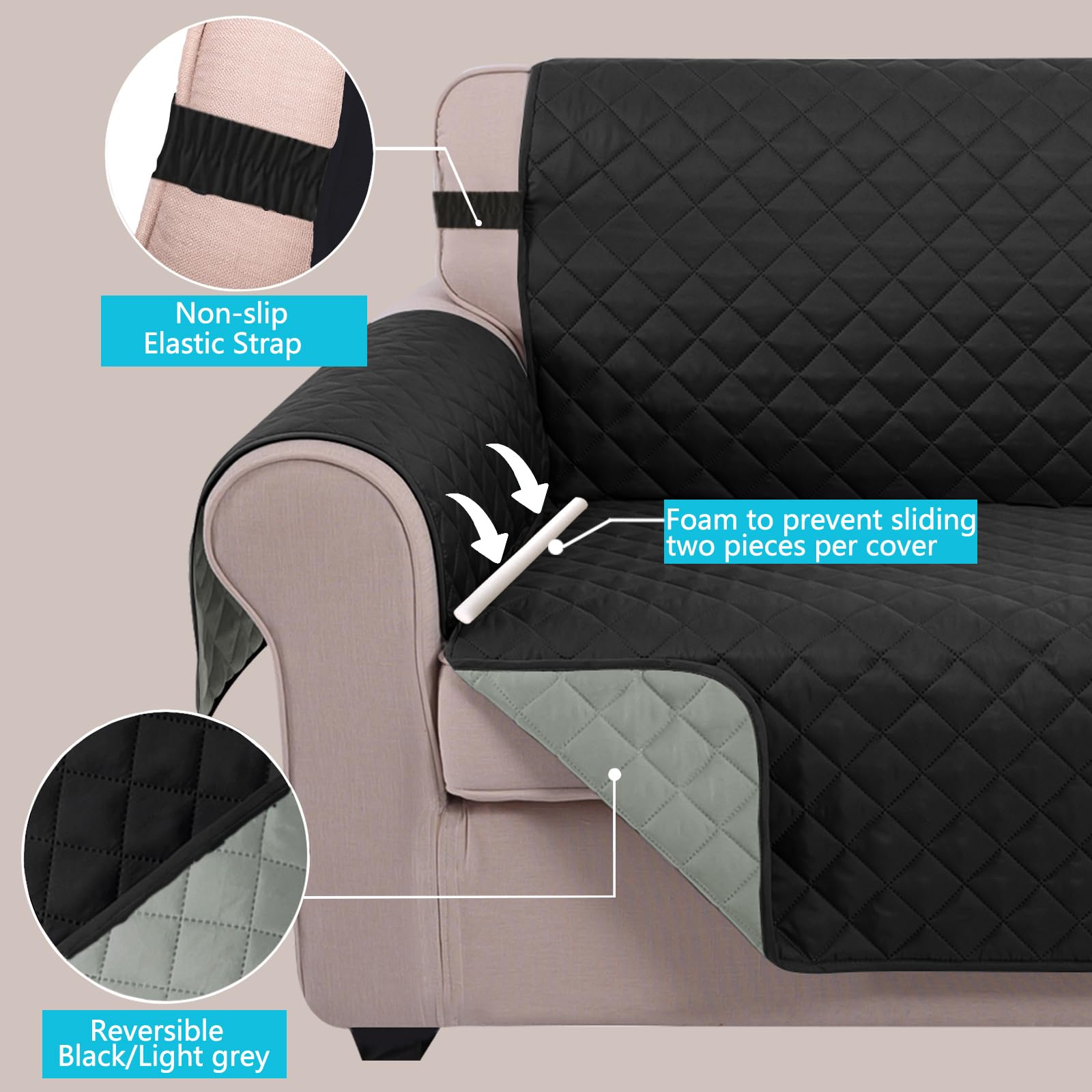 U-NICE HOME Reversible Oversized 28''Chair Covers, Black/Grey