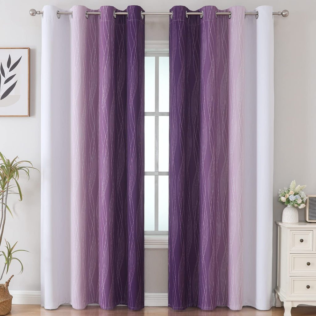 Purple and Greyish White Ombre Blackout Curtains for Bedroom 102 Inch Long