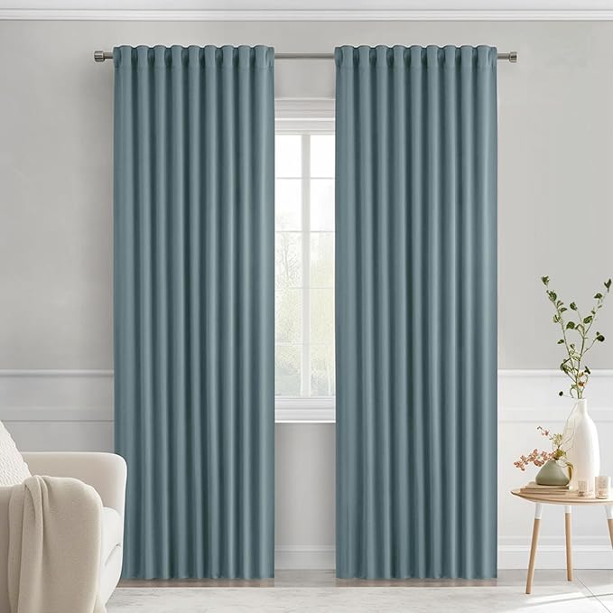 MIULEE Greyish Blue Back Tab Blackout Curtains 52x90 Inch Long 2 Panels Set