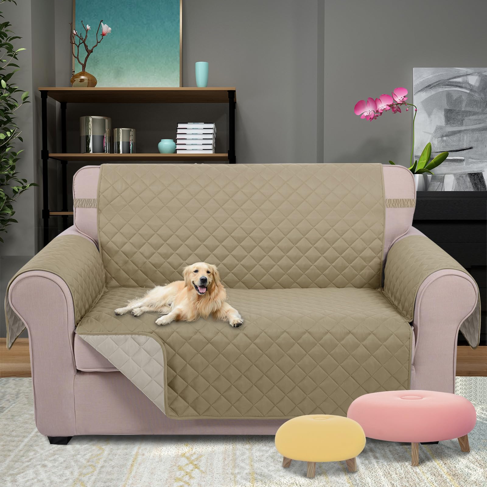 U-NICE HOME Loveseat Sofa Cover for 2 Cushion Couch, Light Camel/Beige