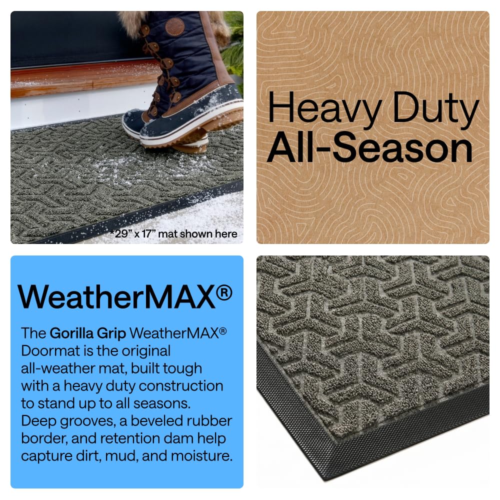 GORILLA GRIP 100% Waterproof All-Season WeatherMAX Doormat 35x23, US Designed Natural Rubber, Stain and Fade Resistant, Low Profile Indoor Outdoor Door Mats, Easy Clean Patio Mat, Slate Geometric