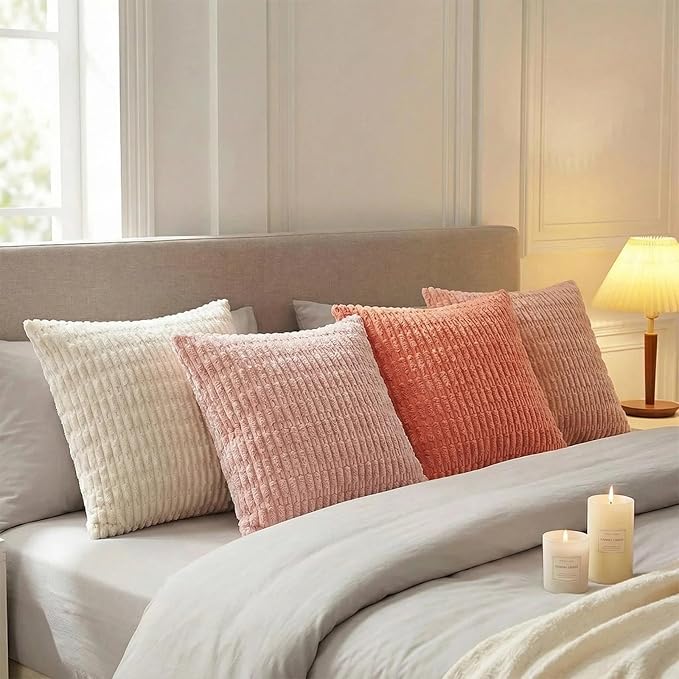 Fancy Homi 4 Packs Boho Blush Pink Euro Decorative Throw Pillow Covers 26x26 Inch for Living Room Bed, Soft Plush Striped Corduroy Square Light Pink Coral Peach Cream Colorful Cushion Case 66x66 cm