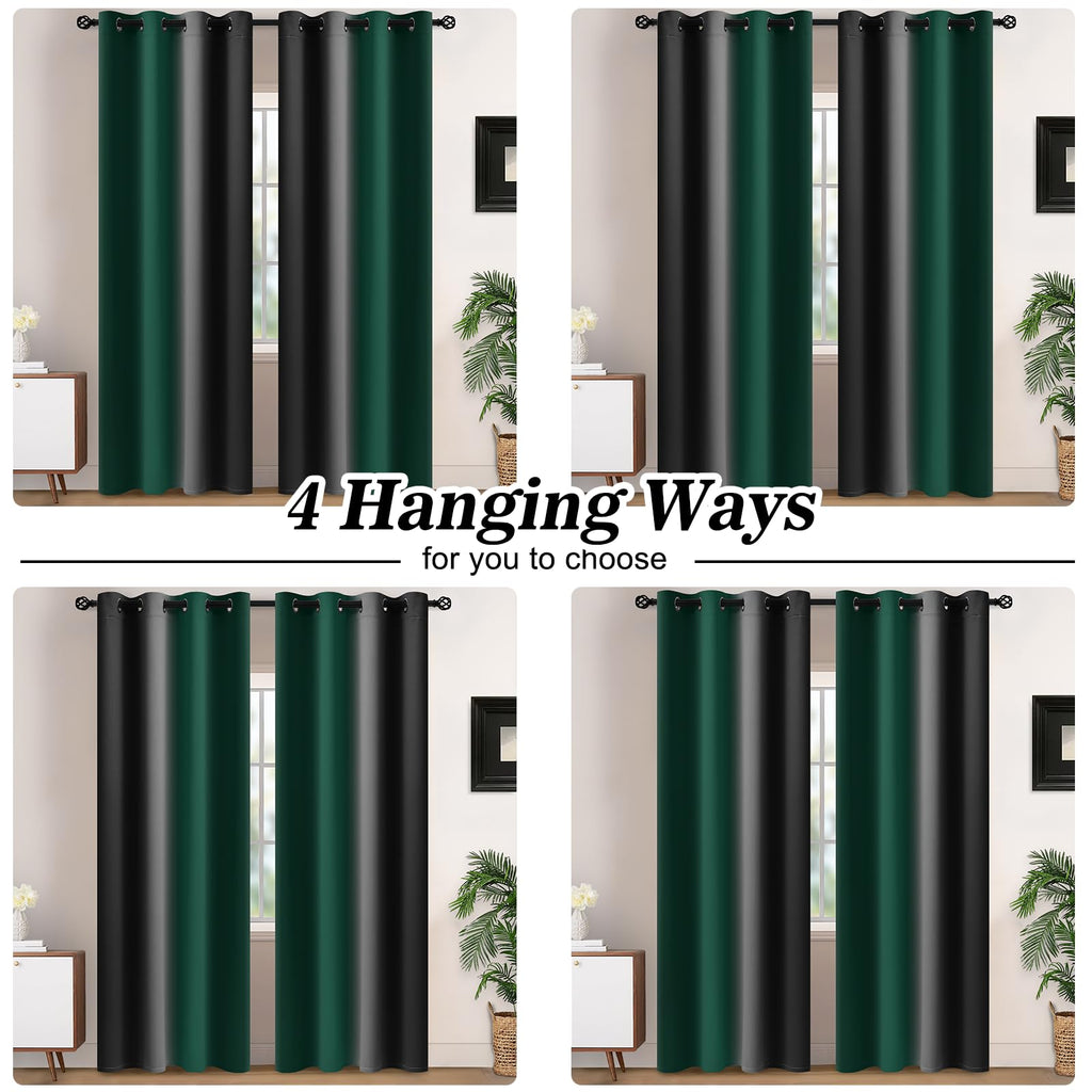 Yakamok Blackout Ombre Dark Green and Black Curtains-Gradient Room Darkening Curtain, Grommet Thermal Insulated Light Blocking Window Drapes Curtain for Living Room Bedroom,52 x 72 Inch,2 Panels