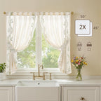 jinchan Belrose Linen Floral Cafe Curtains 45 Inch Length Embroidered Farmhouse Curtains for Kitchen Bedroom Bathroom Small Windows Curtain Set Light Filtering 2 Panels Sage Green