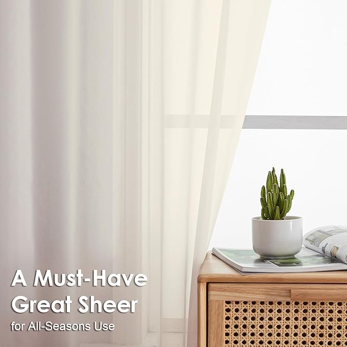 OVZME Cream Sheer Curtains 90 Inches Long 2 Panels - Soft Light Filtering Window Sheer Panels for Living Room/Bedroom, Top Dual Rod Pocket, 1 Pair, Each 42Wx90L Inches