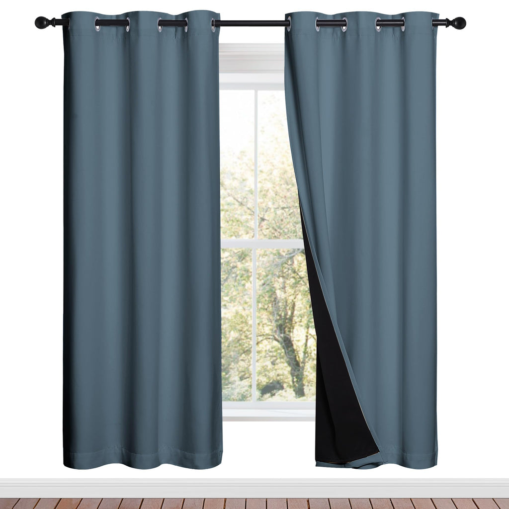 NICETOWN 100% Blackout Window Curtain Panels, Smoky Blue, 2 Pieces, 42-inch Wide Per Panel, Full Light Blocking Drapes with Black Liner for Nursery, 72-inch Drop Thermal Insulated Draperies