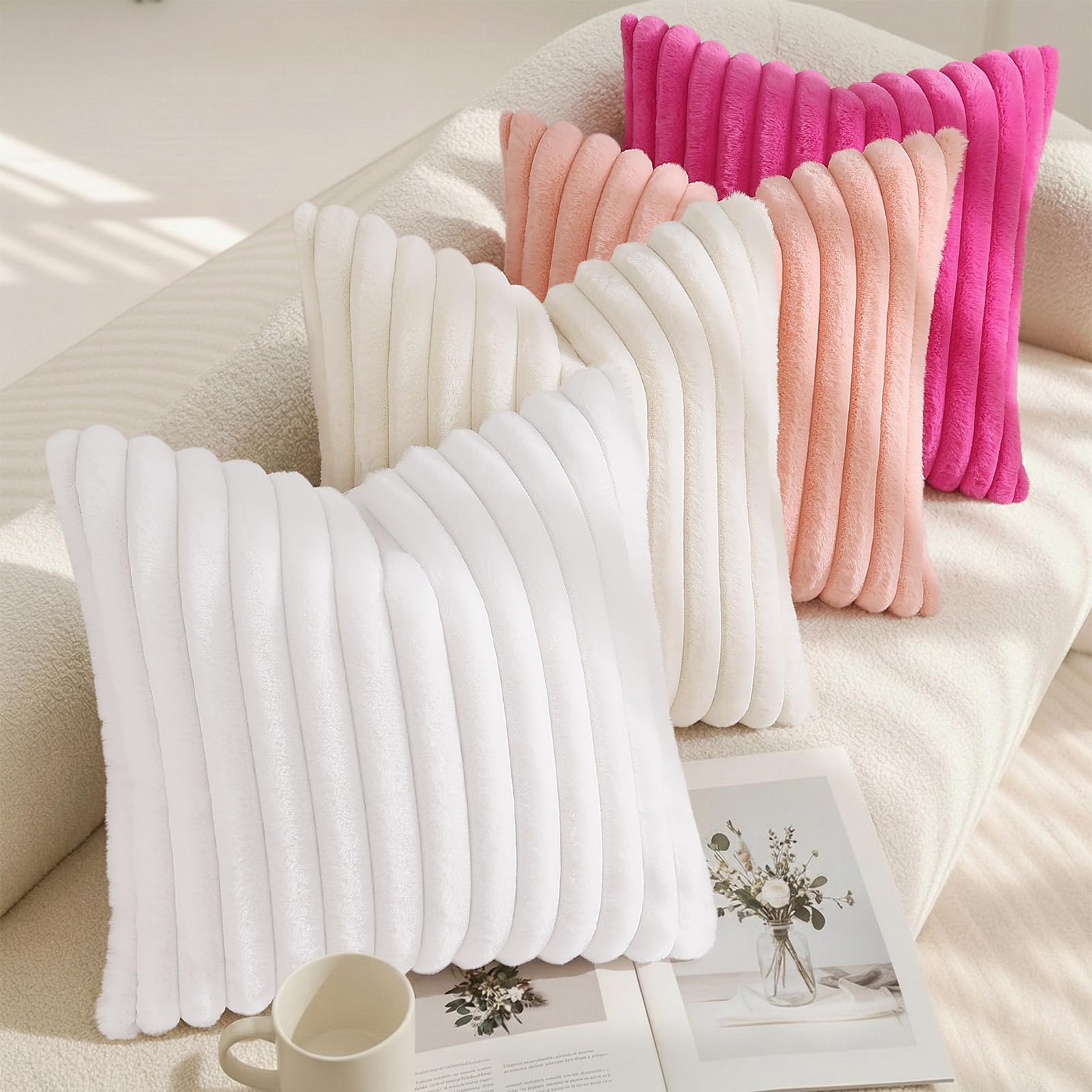decorUhome Fall Faux Fur Throw Pillow Covers 24x24 Set of 2 Hot Pink