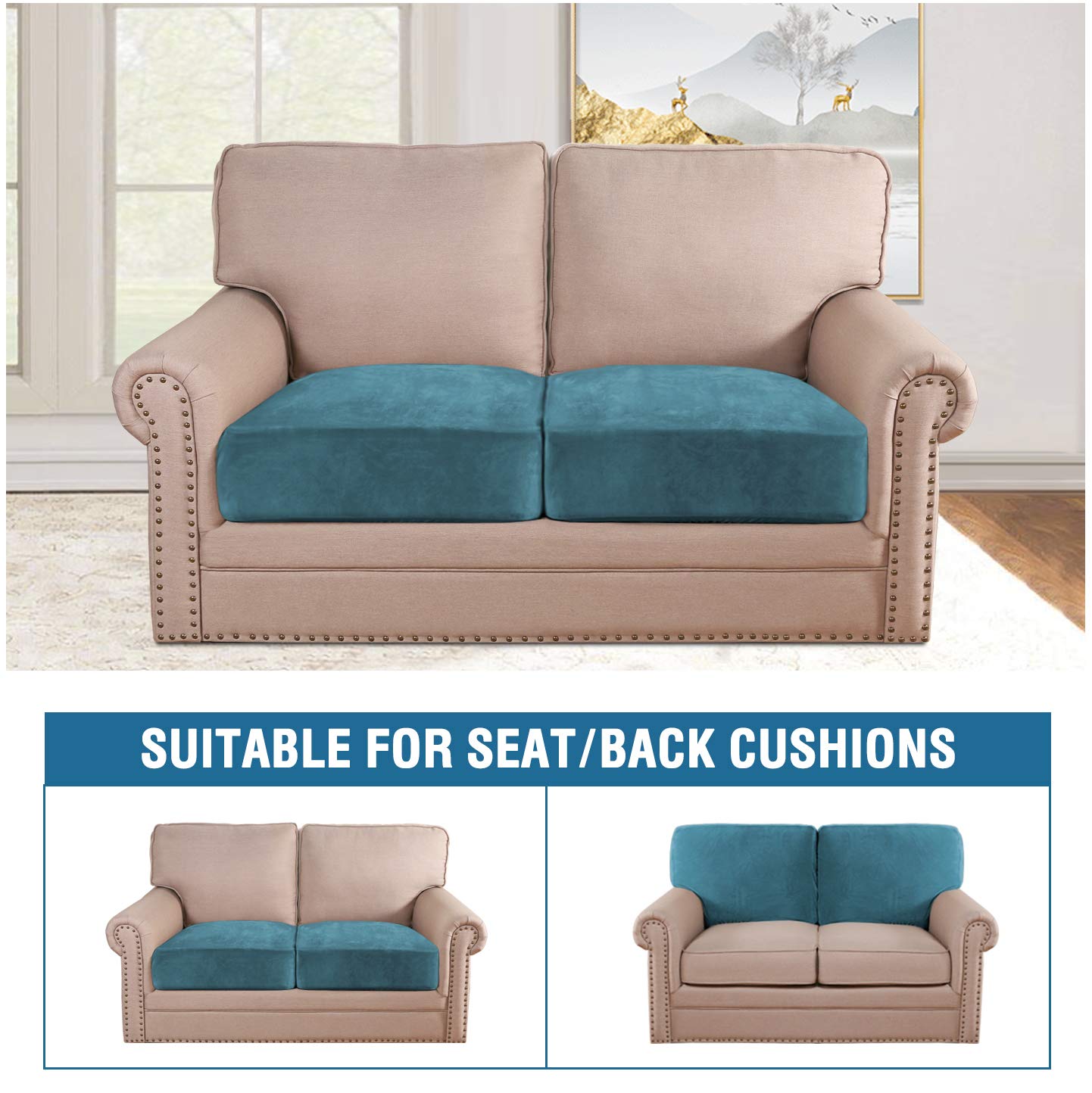 H.VERSAILTEX Velvet Stretch Couch Cushion Cover Plush Cushion Slipcover for Chair Loveseat Sofa Cushion Furniture Protector Seat Cushion Sofa Cover (2 Piece Large Sofa Cushion Covers, Peacock Blue)