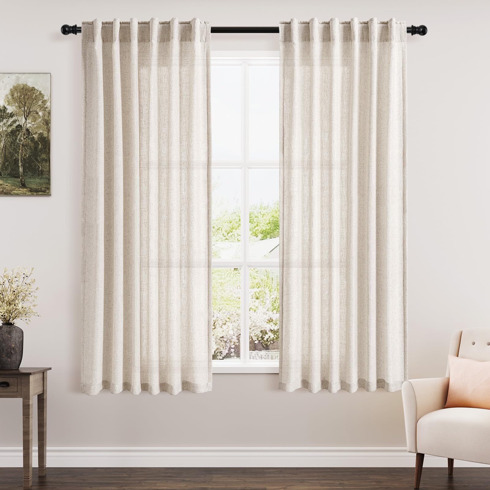 Nanspring Mist Sage Linen Curtains Semi Sheer 96 Inches Long 2 Panels Set for Living Room Back Tab Rod Pocket Light Filtering Drape for Bedroom Modern Farmhouse Coastal Decor Protect Privacy 52x96 — 기타