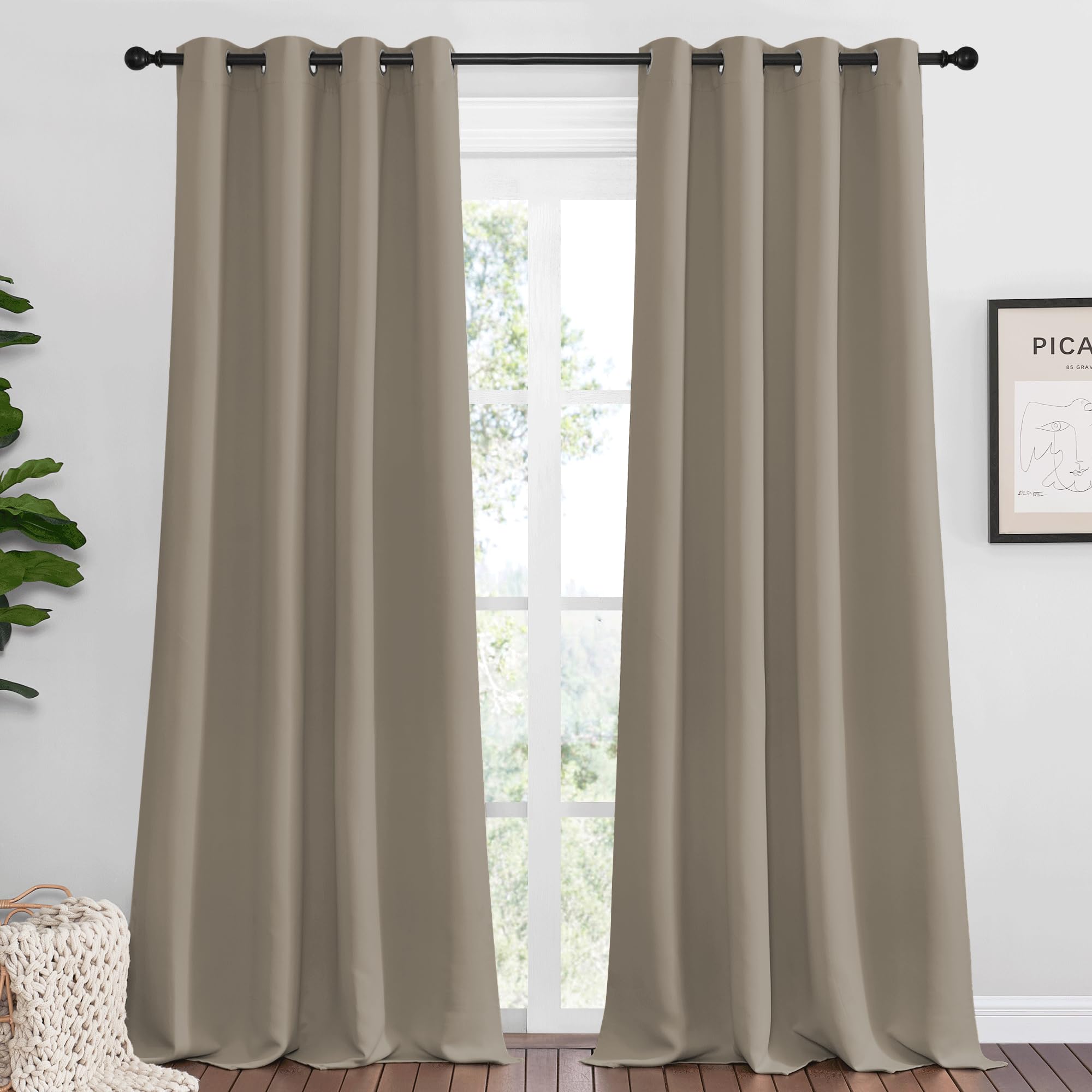 NICETOWN Taupe Blackout Curtains Panels for Bedroom, 2 Panels, 52 x 92 Inch, 3 Pass Microfiber Noise Reducing Thermal Insulated Solid Ring Top Blackout Window Drapes