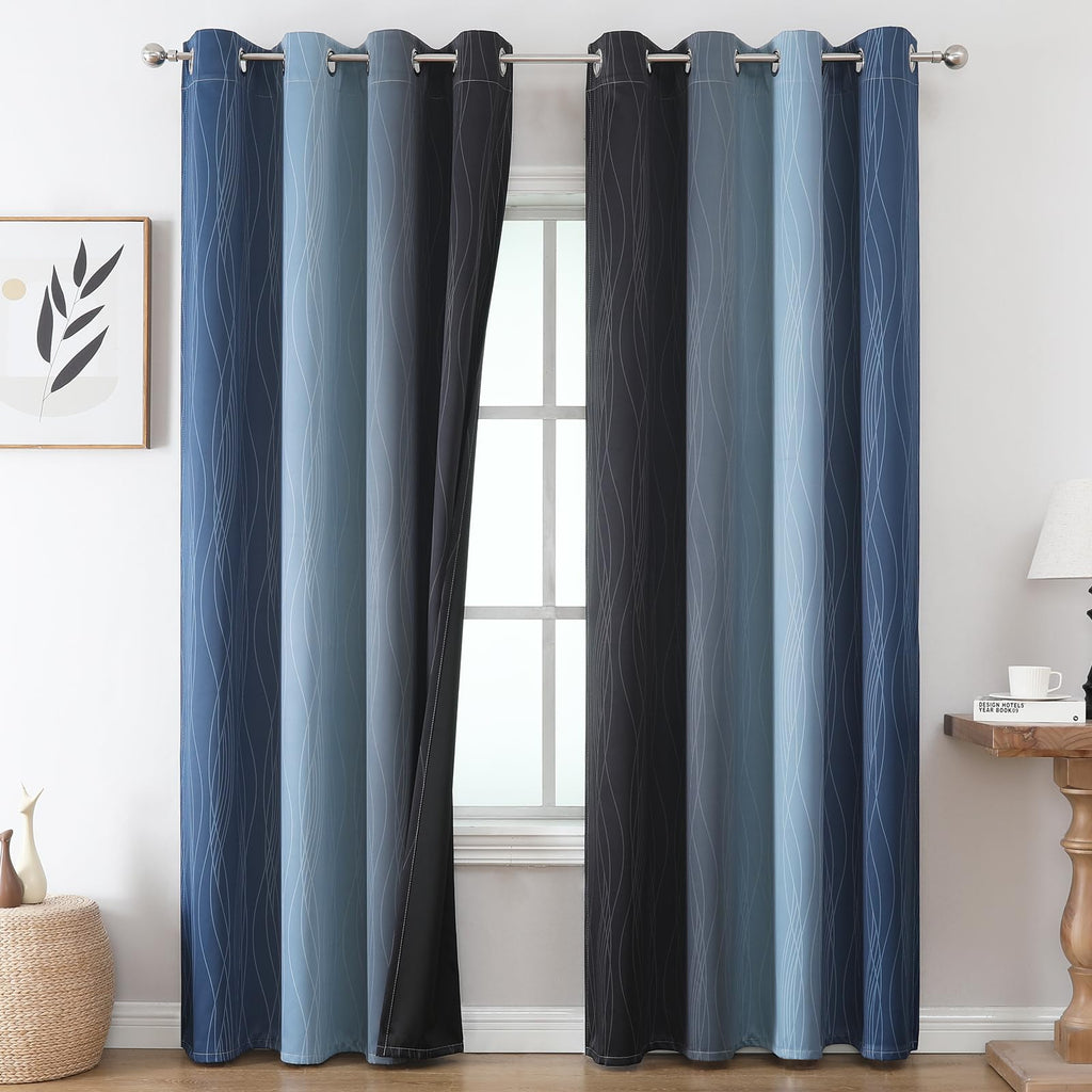 Navy Blue and Black Ombre Blackout Curtains for Living Room 90 Inch Length