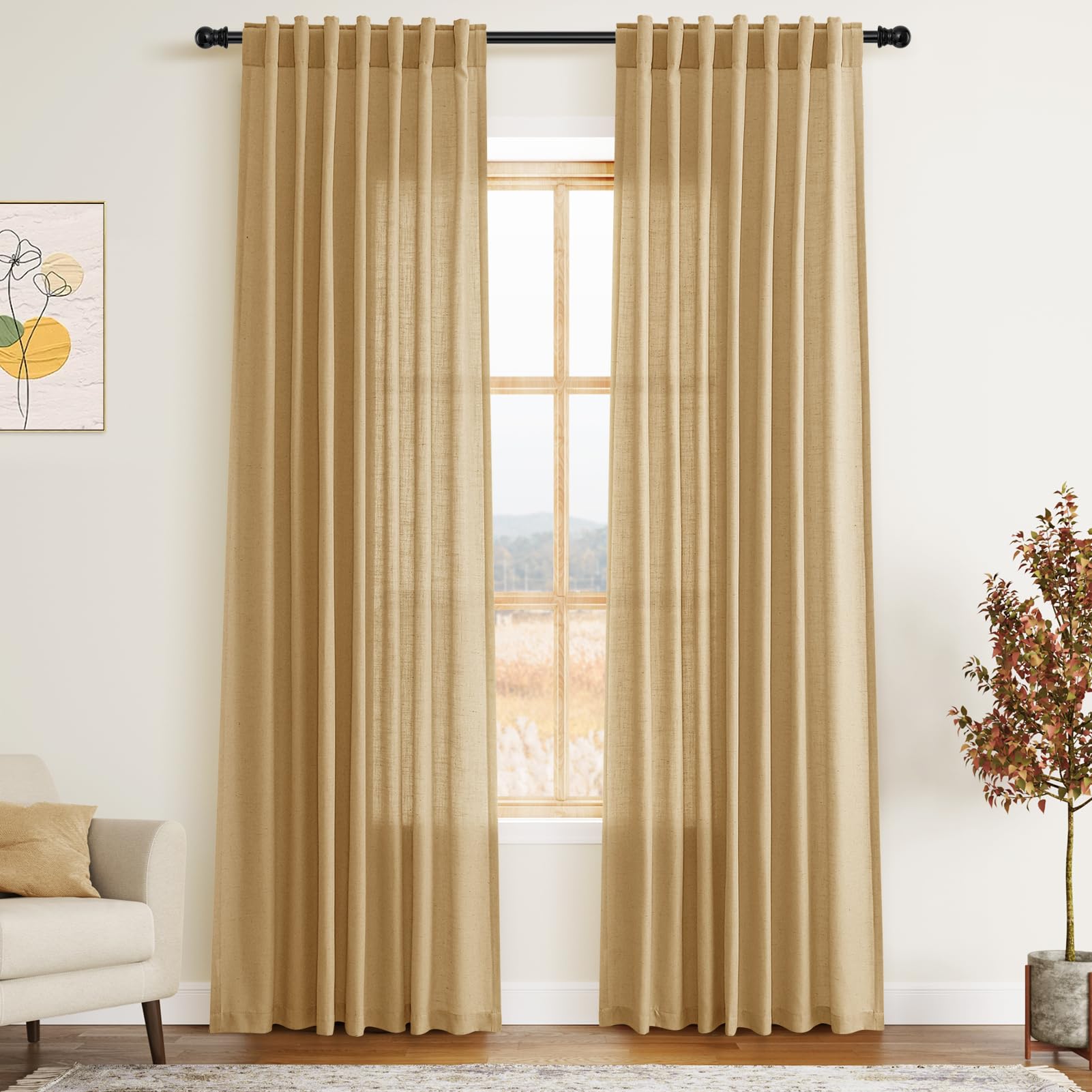 Gold Yellow Linen Curtains 84 Inch Length 2 Panels Set for Living Room Rod Pocket Back Tab Light Filtering Window Drapes for Bedroom Dining Room Protect Privacy Country Farmhouse Decor 52x84