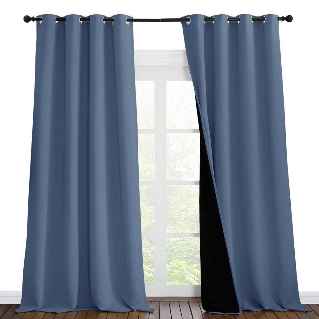 NICETOWN Cold Reducing Curtains, 100% Sun Blocking Curtains, Sound Proof Drapes with Black Backing, Full Light Blocking Panels for Patio Sliding Door (Stone Blue, 1 Pair, 55 inches x 102 inches)