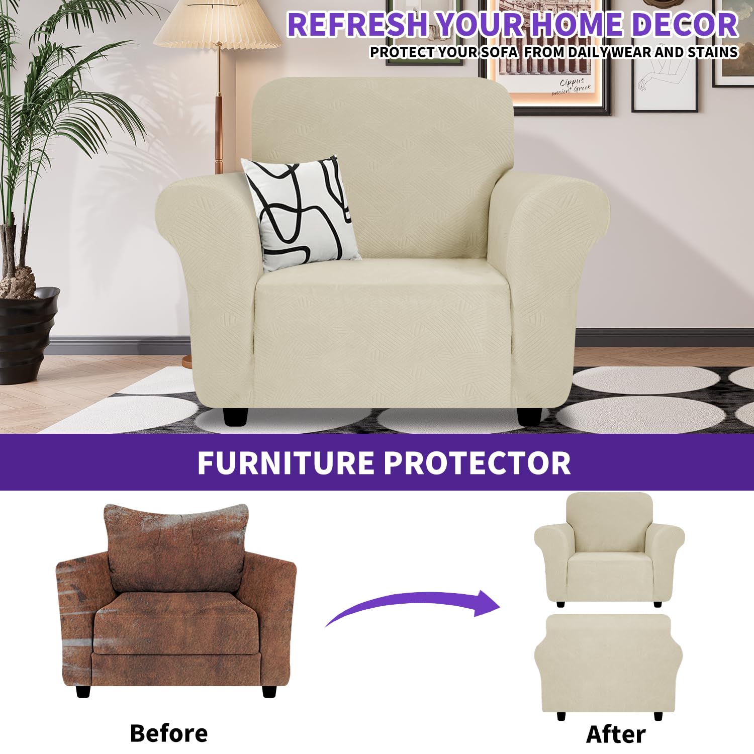 ZNSAYOTX Super Stretch Chair Slipcover (30"-47"), New Striped Sofa Chair Covers for Living Room, Dogs Pet Friendly Anti-Slip Chair Protector Spandex Armchair Slipcovers (Khaki, Chair)