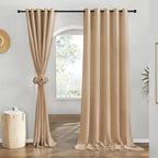 NICETOWN Flax Camel Linen Curtains for Room Divider, Grommet Top Thick Flax Semi Sheer Vertical Drapes Privacy Assured with Light Filtering for Sliding Glass Door, W68 x L84, 2 Pieces
