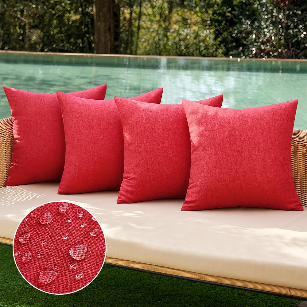 MIULEE Pack of 4 Decorative Outdoor Throw Pillow Covers Linen Waterproof Pillow Covers Summer Farmhouse Cushion Cases for Patio Garden Tent Balcony Couch Sofa 16x16 Inch Red