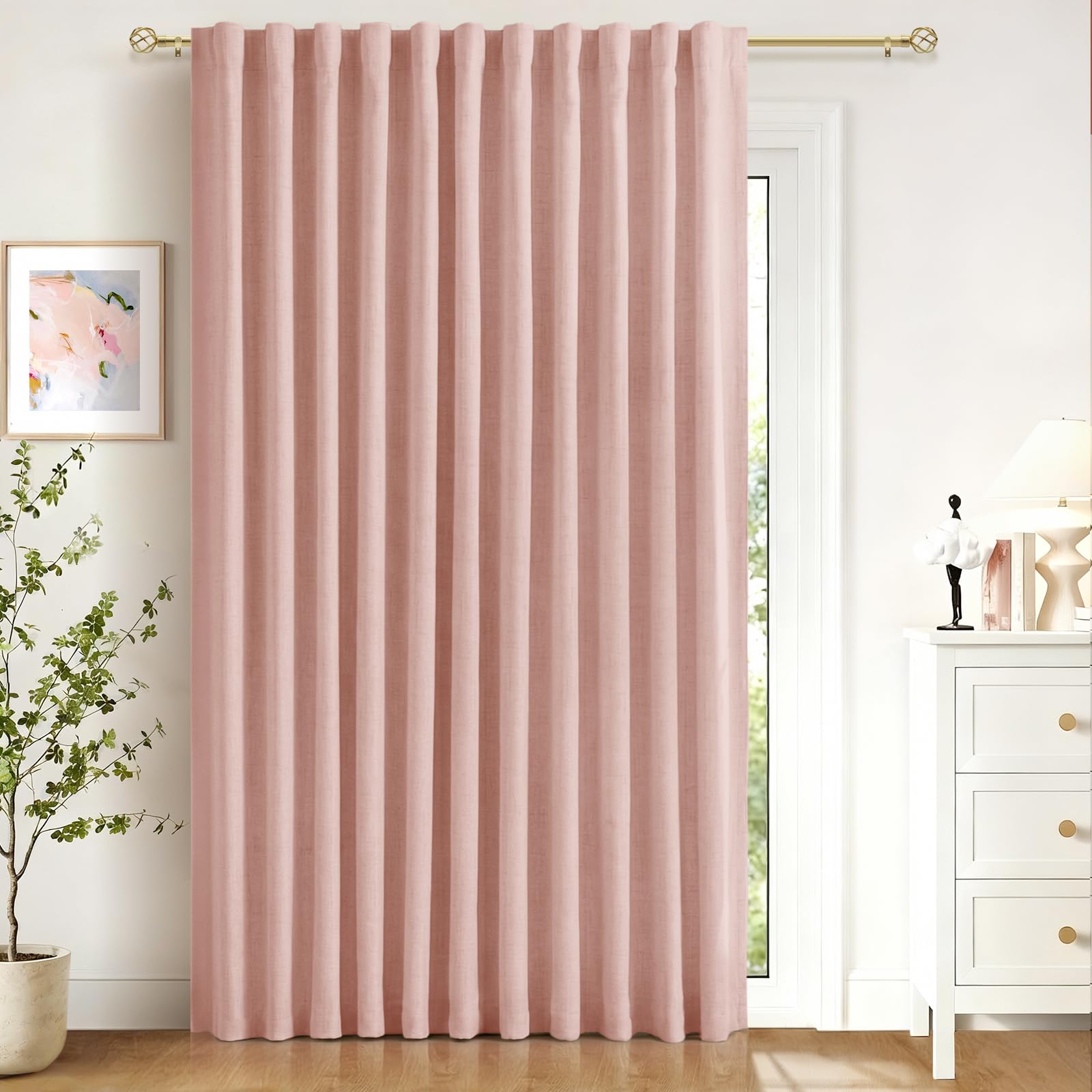 Linen Textured Total Blackout Sliding Door Curtains 90 Inches Long, Blush Pink