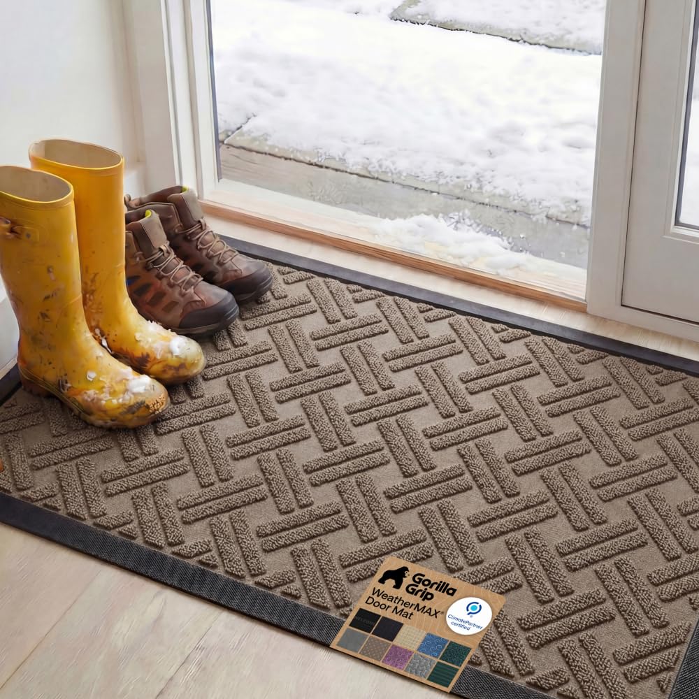 GORILLA GRIP 100% Waterproof All-Season WeatherMAX Doormat, 47x35, US Designed Natural Rubber, Stain and Fade Resistant, Low Profile Indoor Outdoor Door Mats, Easy Clean Patio Mat, Taupe Basket Weave