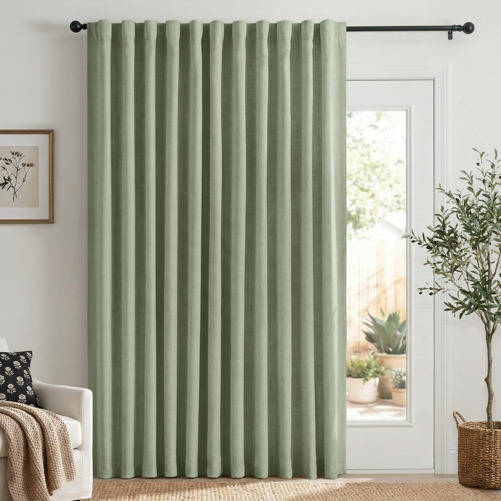 Faux Linen Total Blackout Sliding Door Curtains 90 Inches Long, Sage