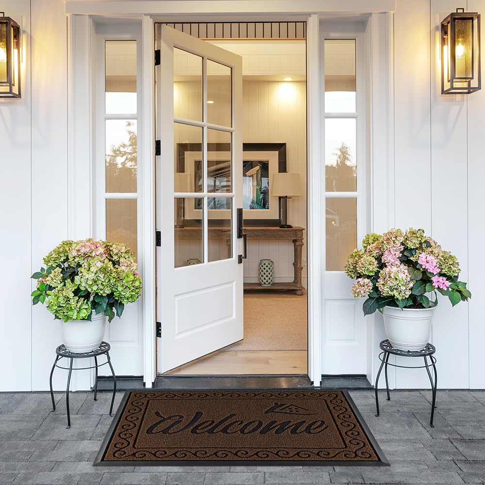 Yimobra Welcome Mat Outdoor Indoor, Waterproof Heavy Duty Front Door Mat Outside Entrance, Extra Sturdy Non-Slip Doormat, Low Profile, Dirt Trapping, 36x24 Inches, Coffee