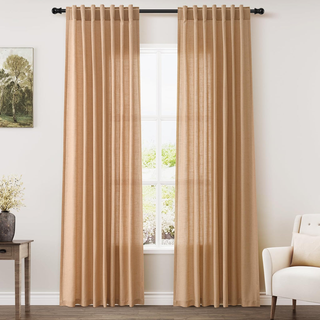 Nanspring Camel Linen Curtains 80 Inches Long for Bedroom Back Tab Light Filtering Privacy Semi Sheer Curtain Modern Farmhouse Decor Camel Linen Elegant Drapes for Living Room 2 Panels Set 52x80