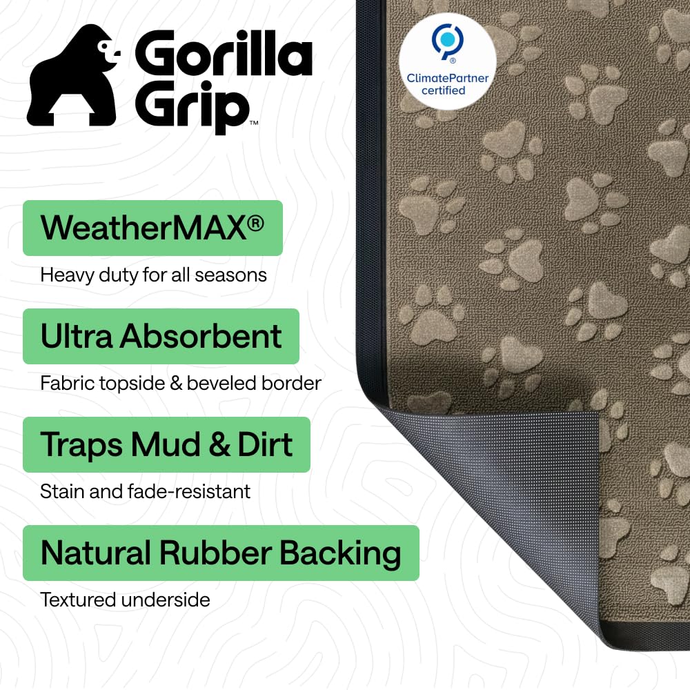 GORILLA GRIP 100% Waterproof All-Season WeatherMAX Doormat 35x23, US Designed Natural Rubber, Stain and Fade Resistant, Low Profile Indoor Outdoor Door Mats, Easy Clean Patio Mat, Tan Pawprints