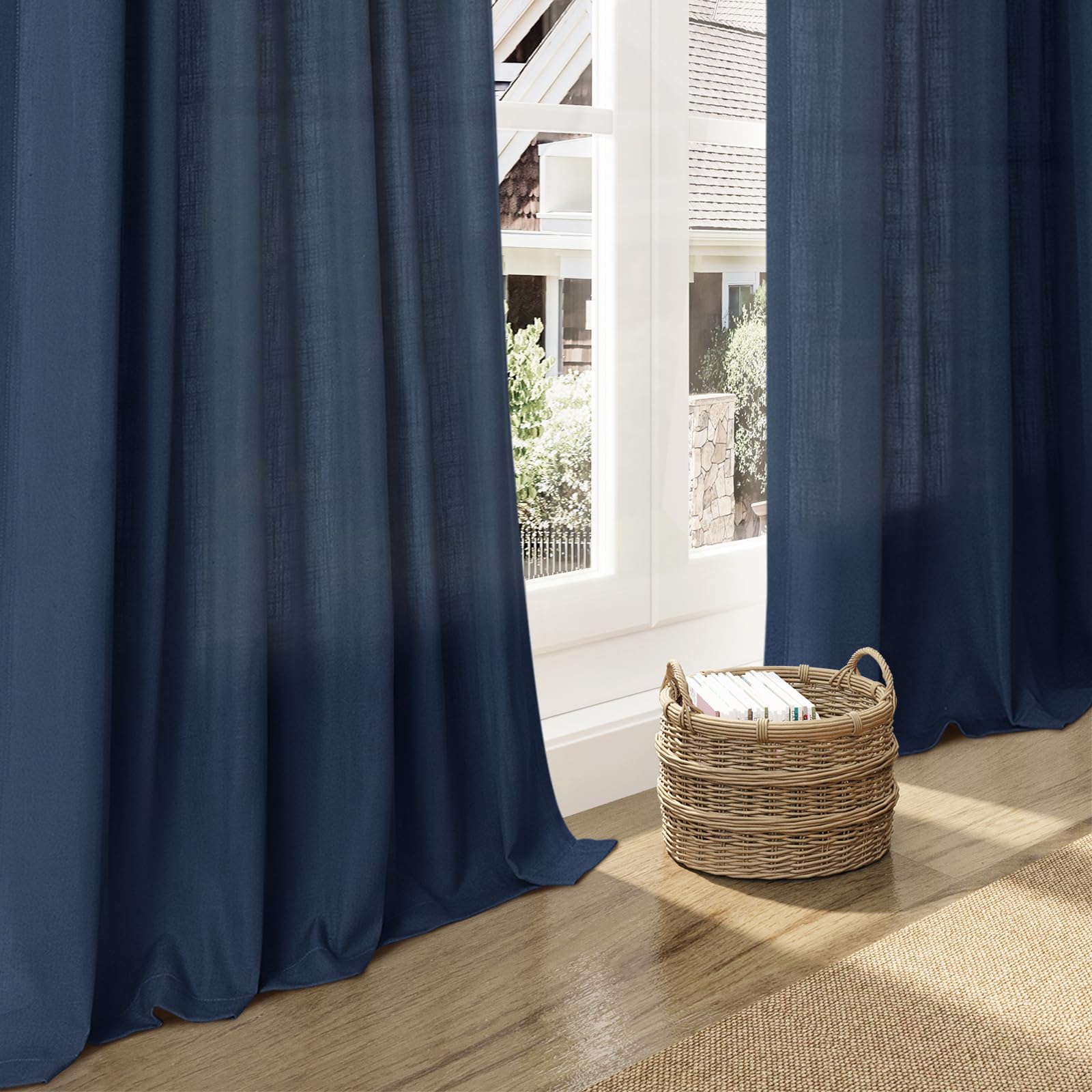 Denim Blue Linen Curtains 108 Inches Long for Living Room 2 Panels Set Extra Long Back Tab Curtain Semi Sheer Light Filtering Denim Blue Drapes Floor to Ceiling Curtains for Large Windows 52x108