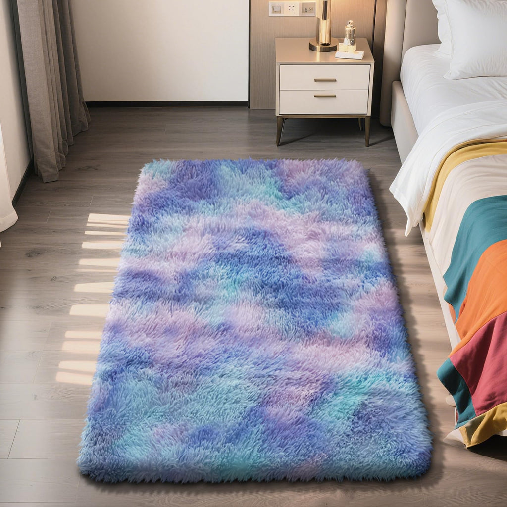 3x5 Area Rug for Bedroom, Rainbow Purple Fluffy Shag Rug Plush Carpet