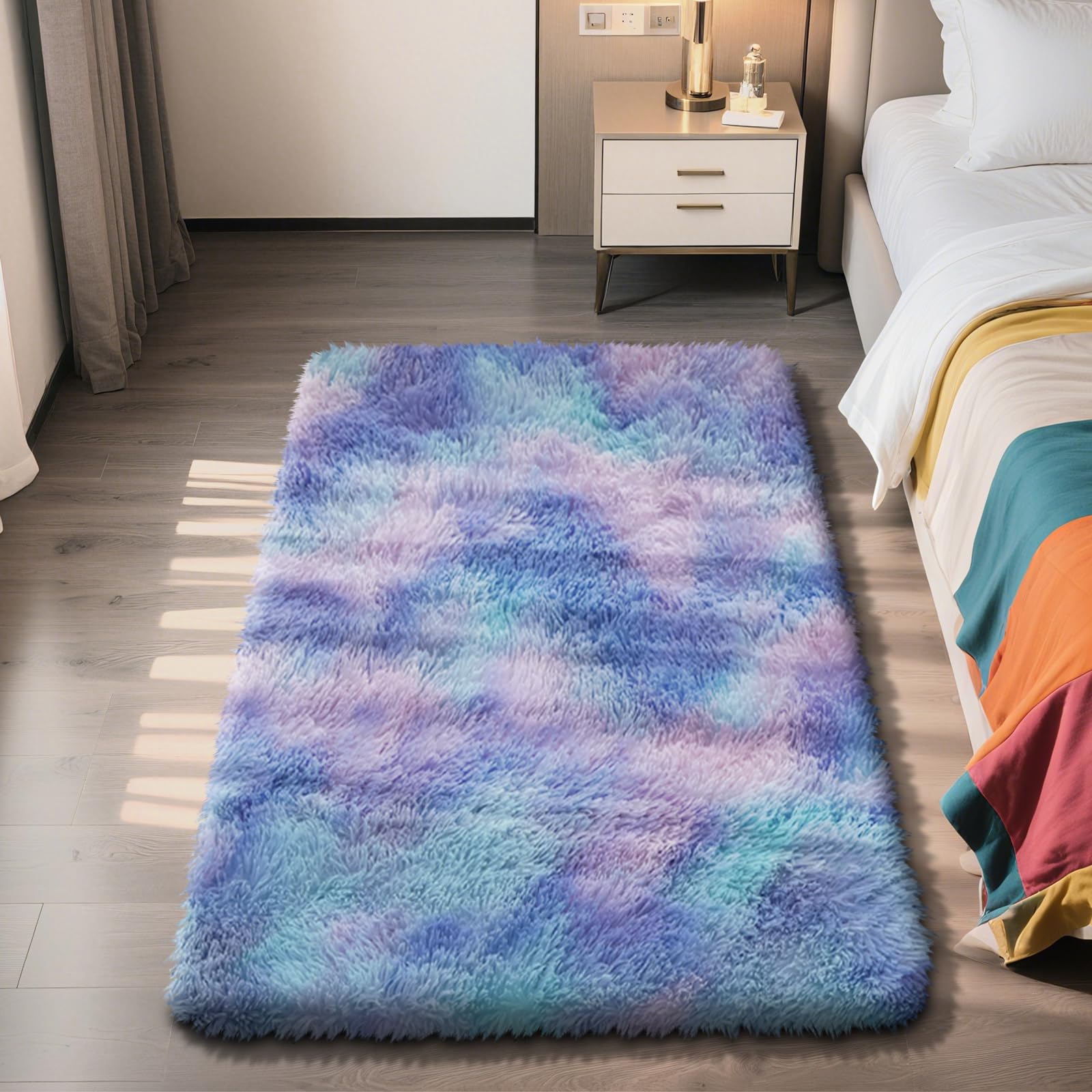 3x5 Area Rug for Bedroom, Rainbow Purple Fluffy Shag Rug Plush Carpet